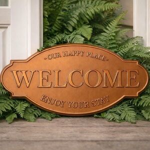 WELCOME Sign Bronzed Finish Tin Wall Decor Our Happy Place Enjoy Your Stay 20"